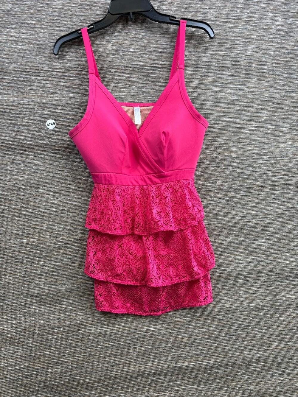 Swim By Cacique Pink Solid Lace Ruffle Tankini Swim Top Womens Size 16